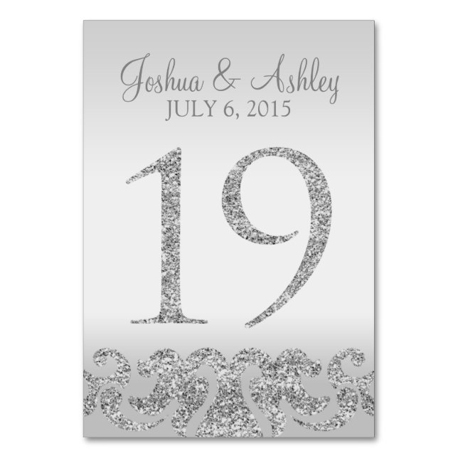 Silver Glitter Look Wedding Table Numbers-19 Table Number (Front)
