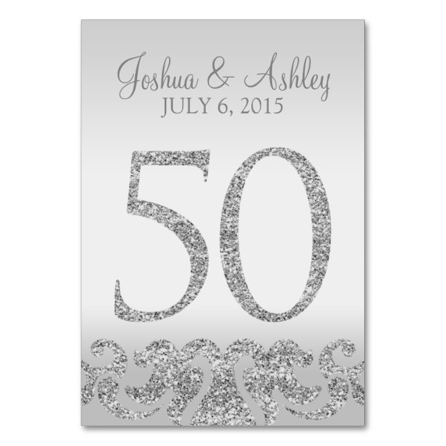 Silver Glitter Look Wedding Table Numbers-50 Number (Front)