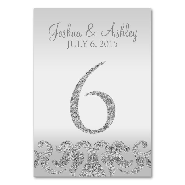 Silver Glitter Look Wedding Table Numbers-6 Table Number (Front)