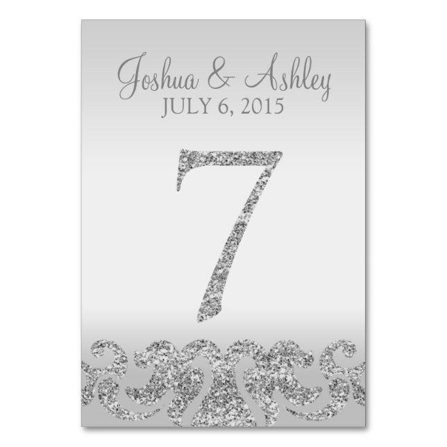 Silver Glitter Look Wedding Table Numbers-7 Table Number (Front)