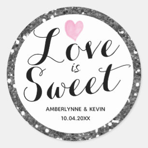 Silver Glitter Love is Sweet Classic Round Sticker