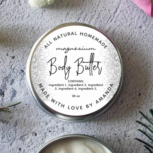 Silver glitter magnesium body butter label (Creator Uploaded)
