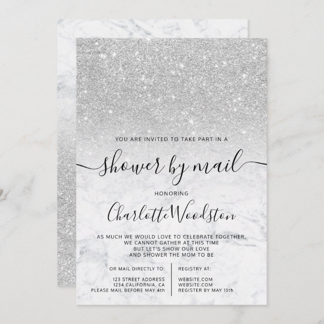 Silver glitter marble baby shower by mail invitation (Front/Back)