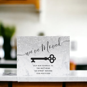 Silver Glitter Marble Key New Address Announcement Postcard