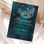 Silver glitter masquerade mask teal green Sweet 16 Invitation<br><div class="desc">A modern,  chic and glamourous sweet sixteen with a hand drawn silver glitter masquerade mask with silver glitter diamond sparkles on a dark teal green watercolor background.</div>