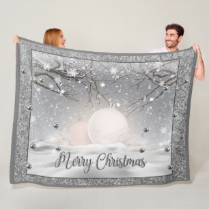 Silver Glitter Merry Christmas Fleece Blanket