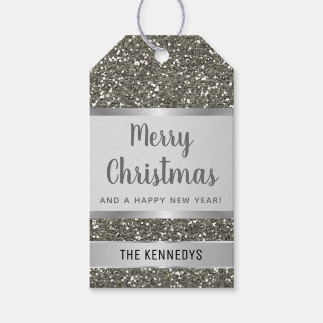 Silver Glitter Merry Christmas Gift Tags (Front)