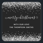 Silver Glitter Merry Christmas Script Names Black Square Sticker<br><div class="desc">Silver Glitter Merry Christmas Script Names Black. Easily personalise the text.</div>