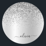 Silver Glitter Metal Monogram Glam Name Classic Round Sticker<br><div class="desc">Silver Faux Foil Metallic Sparkle Glitter Brushed Metal Monogram Name and Initial Paper Party Sticker Address Labels. This makes the perfect sweet 16 birthday,  wedding,  bridal shower,  anniversary,  baby shower or bachelorette party gift for someone that loves glam luxury and chic styles.</div>