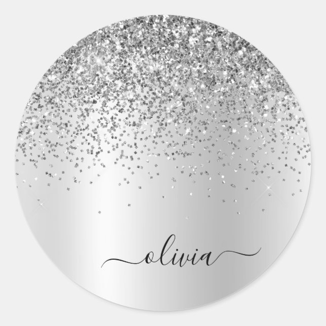 Silver Glitter Metal Monogram Glam Name Classic Round Sticker (Front)