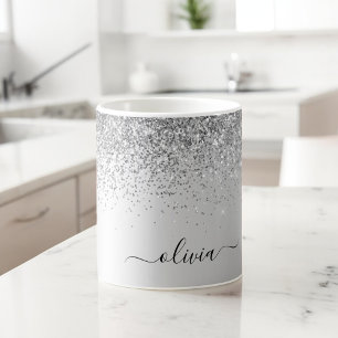 Silver Glitter Metal Monogram Glam Name Coffee Mug