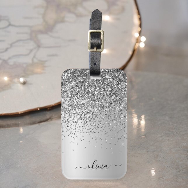 Silver Glitter Metal Monogram Glam Name Luggage Tag (Creator Uploaded)