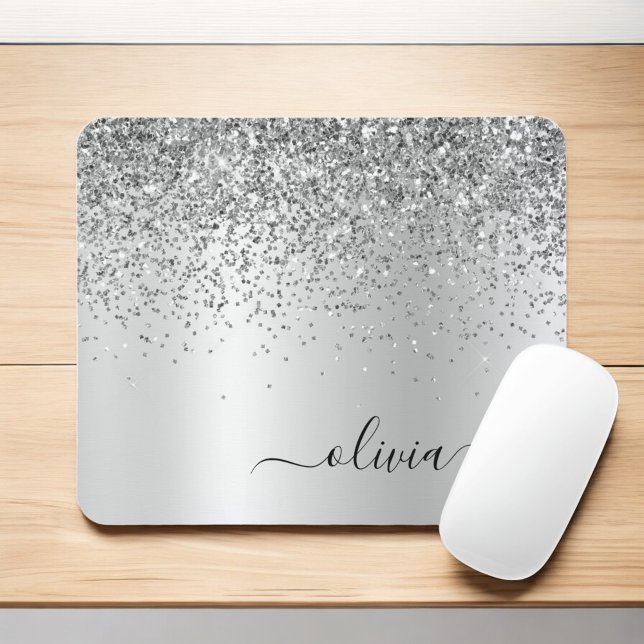 Silver Glitter Metal Monogram Glam Name Mouse Pad (Creator Uploaded)