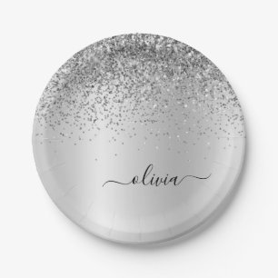 Silver Glitter Metal Monogram Glam Name Paper Plate