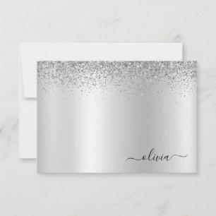 Silver Glitter Metal Monogram Glam Name Thank You Card