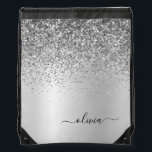 Silver Glitter Metal Monogram Name Girly Drawstring Bag<br><div class="desc">Silver Faux Foil Metallic Sparkle Glitter Brushed Metal Monogram Name Drawstring Bag. This makes the perfect graduation,  sweet 16 birthday,  wedding,  bridal shower,  anniversary,  baby shower or bachelorette party gift for someone that loves glam luxury and chic styles.</div>