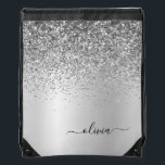 Silver Glitter Metal Monogram Name Girly Drawstring Bag<br><div class="desc">Silver Faux Foil Metallic Sparkle Glitter Brushed Metal Monogram Name Drawstring Bag. This makes the perfect graduation,  sweet 16 birthday,  wedding,  bridal shower,  anniversary,  baby shower or bachelorette party gift for someone that loves glam luxury and chic styles.</div>