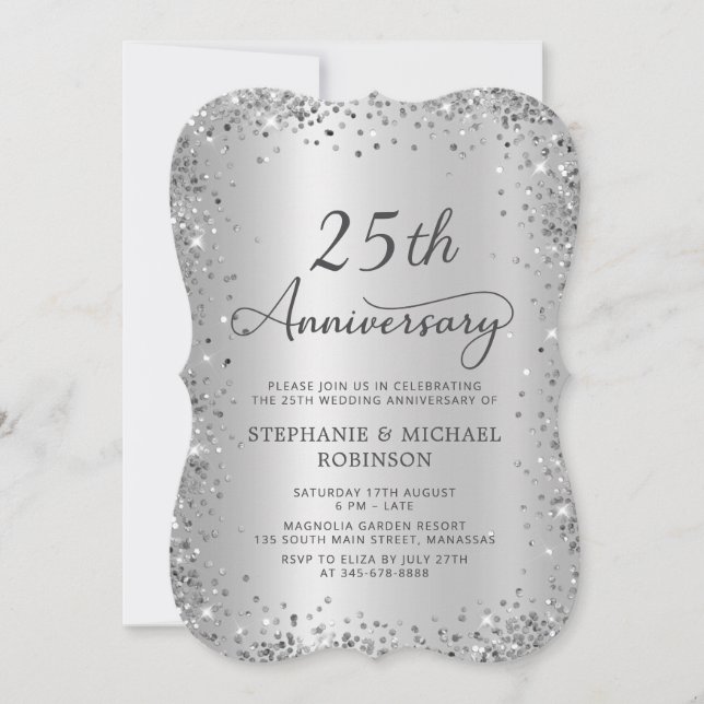 Silver Glitter Metallic 25th Wedding Anniversary Invitation (Front)