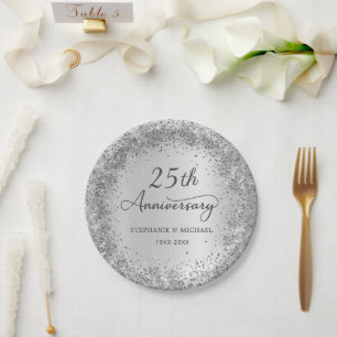 Silver Glitter Metallic 25th Wedding Anniversary Paper Plate