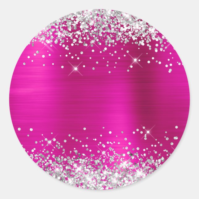 Silver Glitter Metallic Hot Pink Blank Classic Round Sticker (Front)