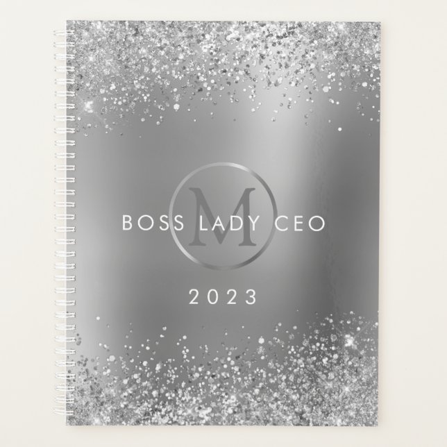 Silver Glitter Metallic Monogram 2023 Boss Lady Planner (Front)