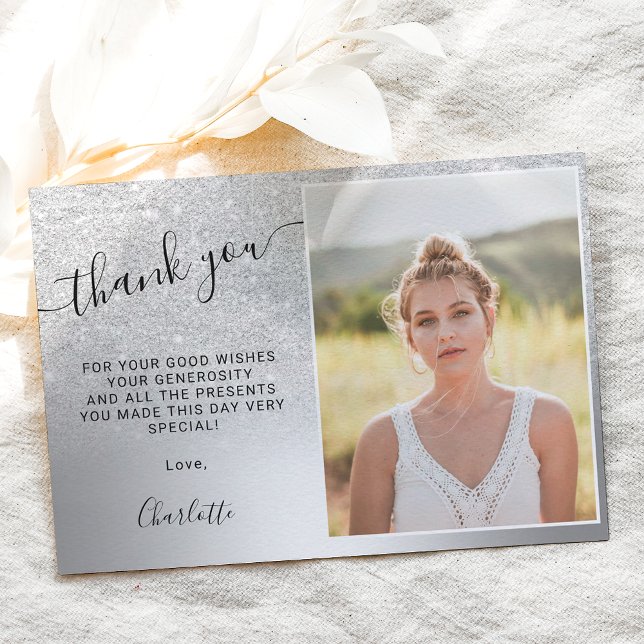 Silver glitter metallic ombre 3 photos Sweet 16 Thank You Card (Creator Uploaded)