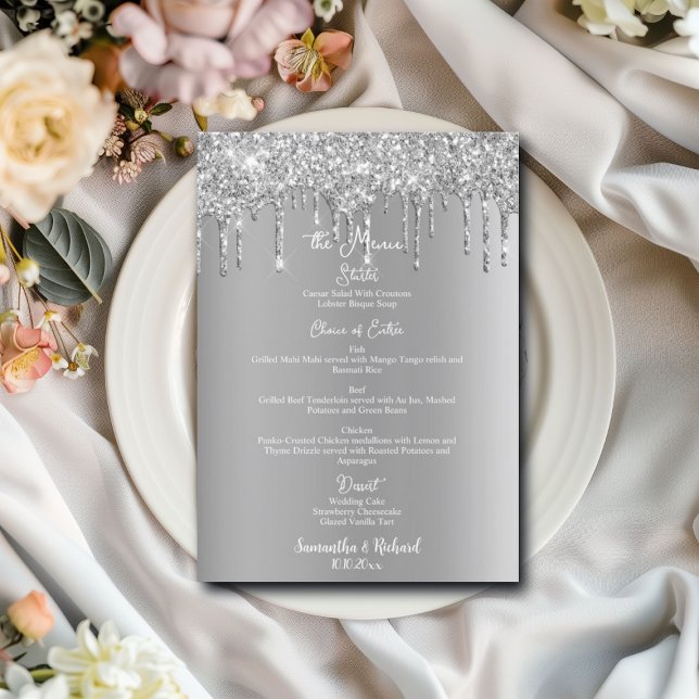 Silver Glitter Metallic Shine 5x7" Wedding Menu (Creator Uploaded)