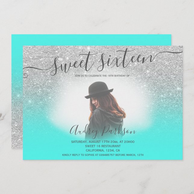 Silver glitter mint green chic Sweet 16 photo Invitation (Front/Back)