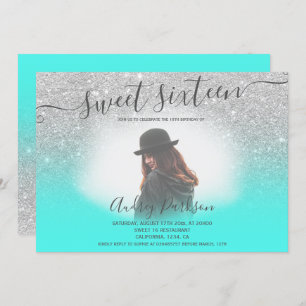 Silver glitter mint green chic Sweet 16 photo Invitation