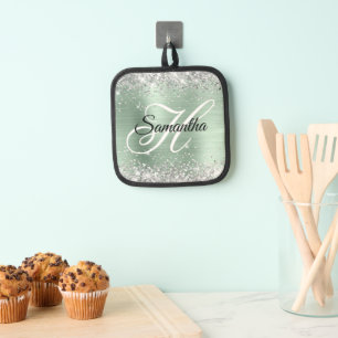 Silver Glitter Mint Green Foil Fancy Monogram Pot Holder