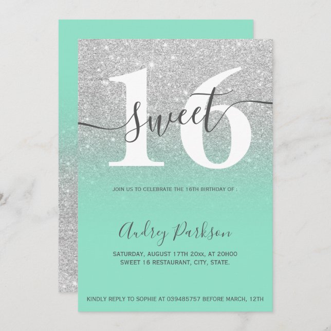 Silver glitter mint green ombre girly Sweet 16 Invitation (Front/Back)