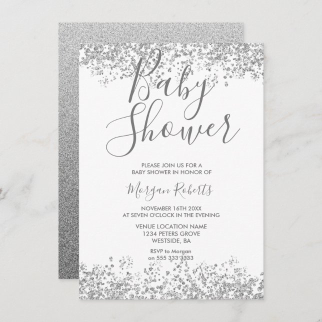 Silver Glitter Modern Baby Shower Invitation (Front/Back)