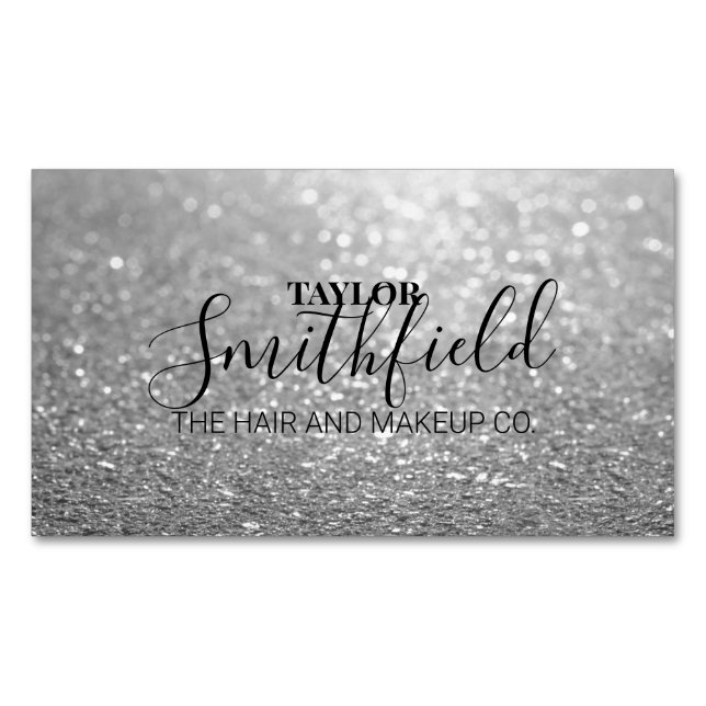 Silver Glitter Modern Magnetic Business Card (Front)