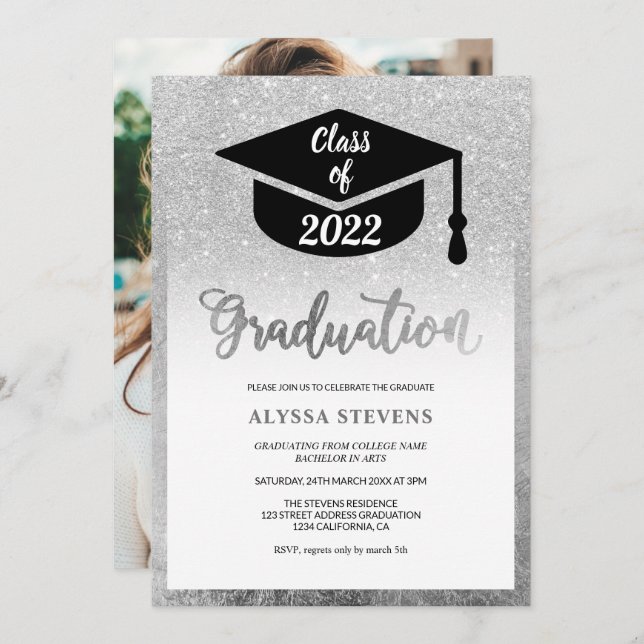 Silver glitter modern simple graduation photo invitation (Front/Back)