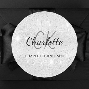 Silver glitter monogram initials name classic round sticker