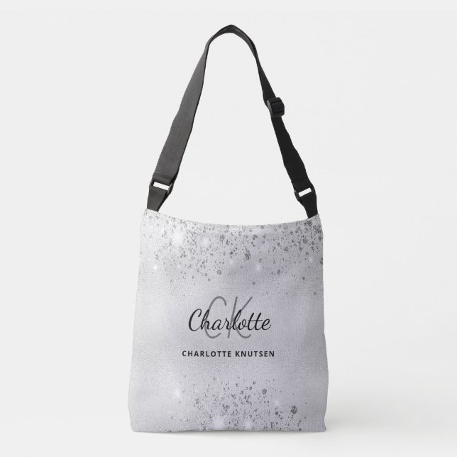 Silver glitter monogram initials name crossbody bag (Front)
