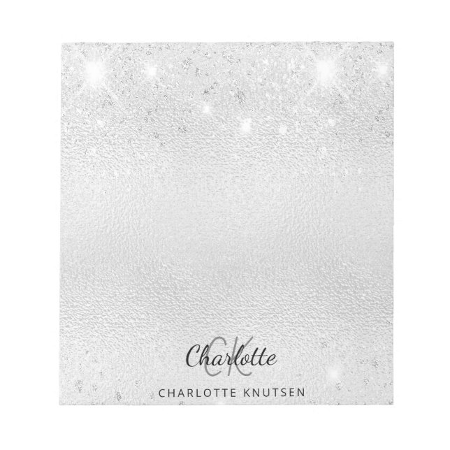 Silver glitter monogram initials name metallic notepad (Front)