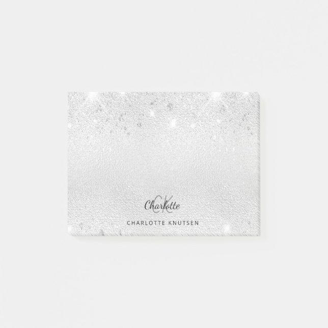 Silver glitter monogram initials name post-it notes (Front)