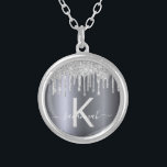 Silver glitter monogram modern elegant name silver plated necklace<br><div class="desc">Girly, trendy and monogrammed. A faux silver background decorated with faux silver glitter drips, paint dripping look. Personalise and add a name and monogram letter. Grey and white coloured letters. The name is written with a modern hand lettered style script with swashes. To keep the swashes only delete the sample...</div>