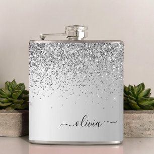 Silver Glitter Monogram Name Luxury Girly Hip Flask