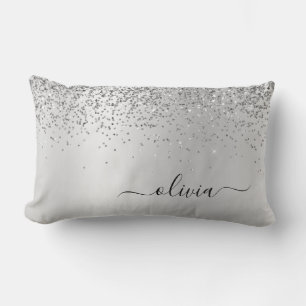 Silver Glitter Monogram Name Luxury Girly Lumbar Cushion