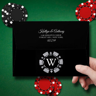 Silver Glitter Monogram Poker Chip Casino Wedding Envelope
