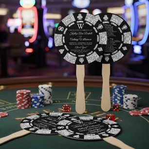 Silver Glitter Monogram Poker Chip Casino Wedding Hand Fan