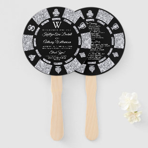Silver Glitter Monogram Poker Chip Casino Wedding Hand Fan