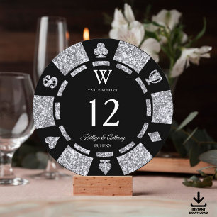 Silver Glitter Monogram Poker Chip Casino Wedding Invitation
