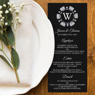Silver Glitter Monogram Poker Chip Casino Wedding Menu