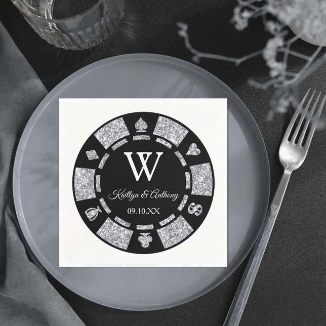 Silver Glitter Monogram Poker Chip Casino Wedding Napkin (Creator Uploaded)