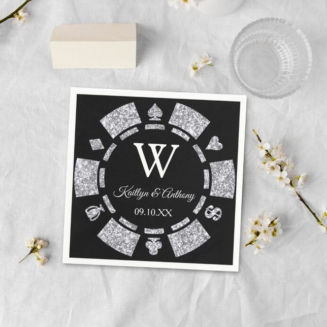 Silver Glitter Monogram Poker Chip Casino Wedding Napkin (Creator Uploaded)