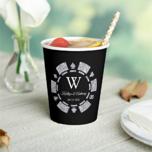 Silver Glitter Monogram Poker Chip Casino Wedding Paper Cups