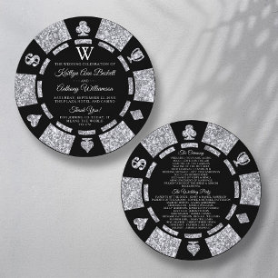 Silver Glitter Monogram Poker Chip Casino Wedding Programme
